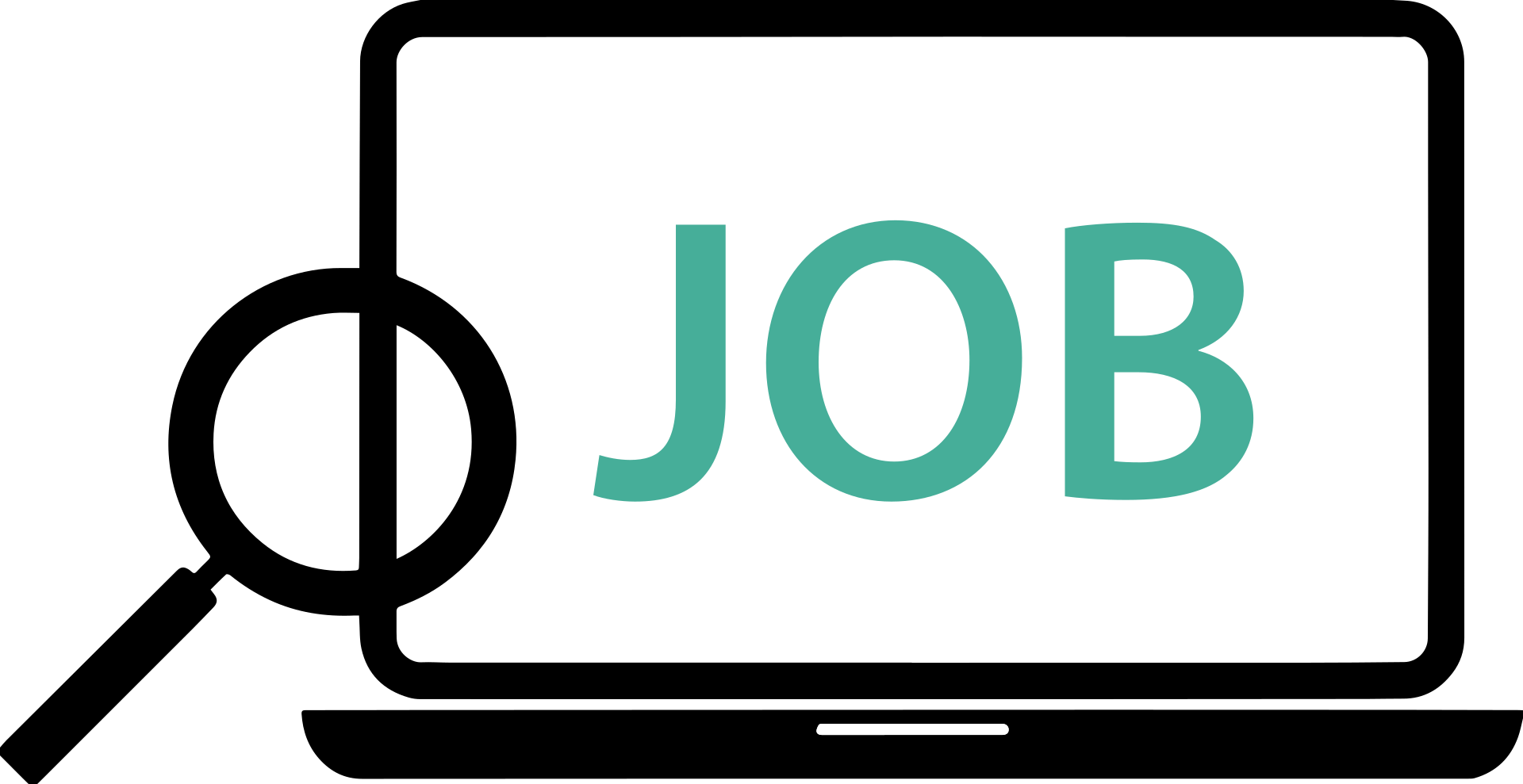 Icon of a magnifying glass in front of a laptop displaying the word job